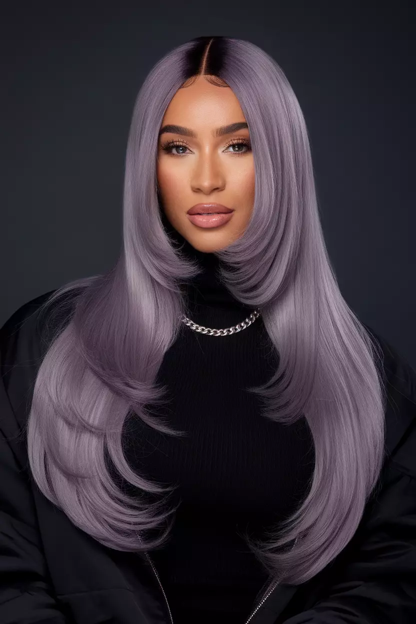 Smoky Lilac A beautiful woman with a smoky lilac colored long straight hairstyle