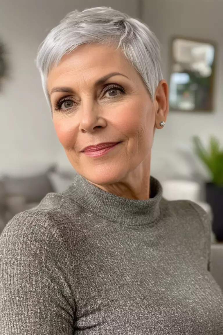A photo of a 50-year-old Mia, with an ultra-short silver pixie, Front view, living room background