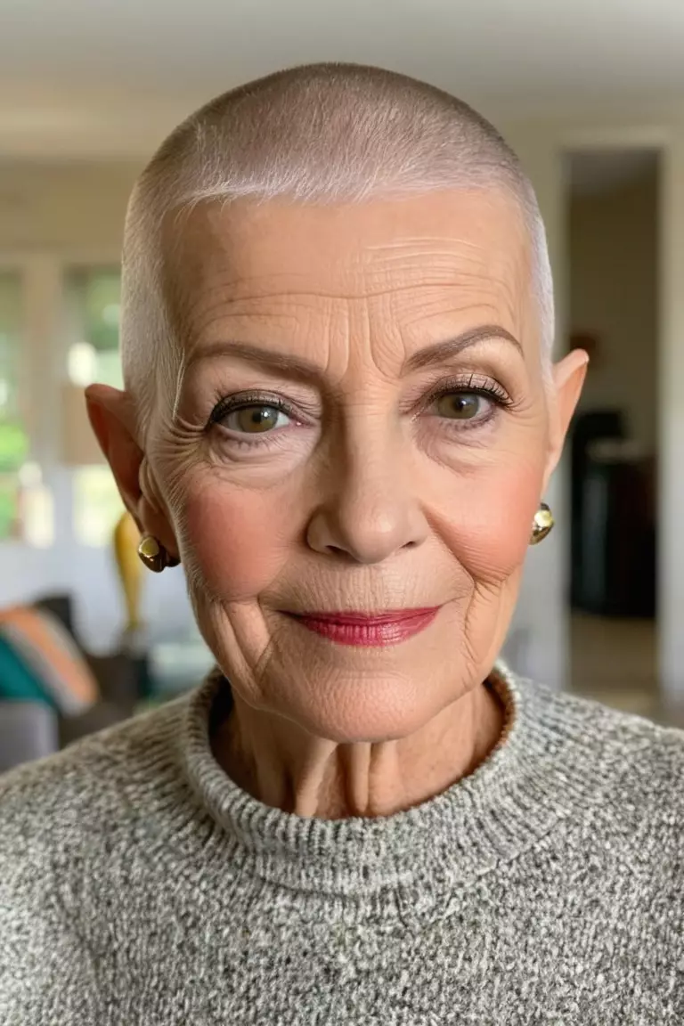 A photo of a 74-year-old Michelle, Buzz Cut, Front view, living room background