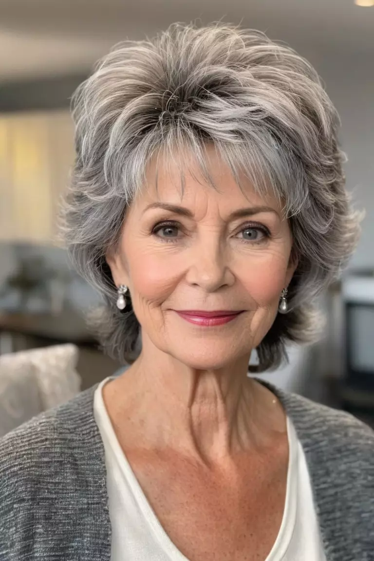 A photo of a 61-year-old Carol, with a cropped gray shag hairstyle, Front view, living room background