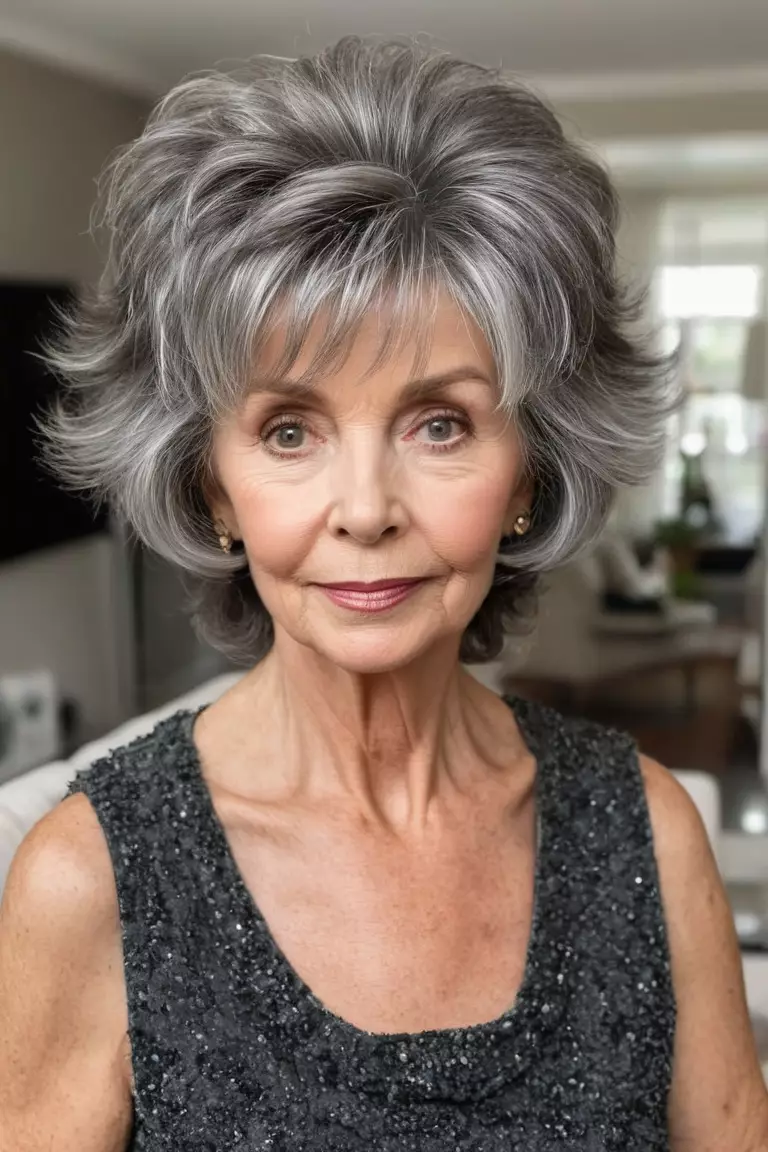 A photo of a 63-year-old Margaret, with a piecey gray shag hairstyle, Front view, living room background