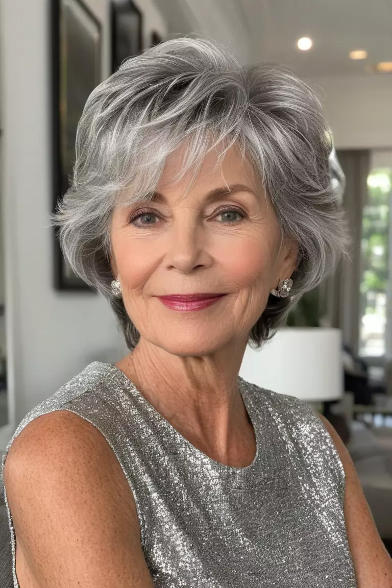 A photo of a 56-year-old Evelyn, with short silver wispy layers, Front view, living room background