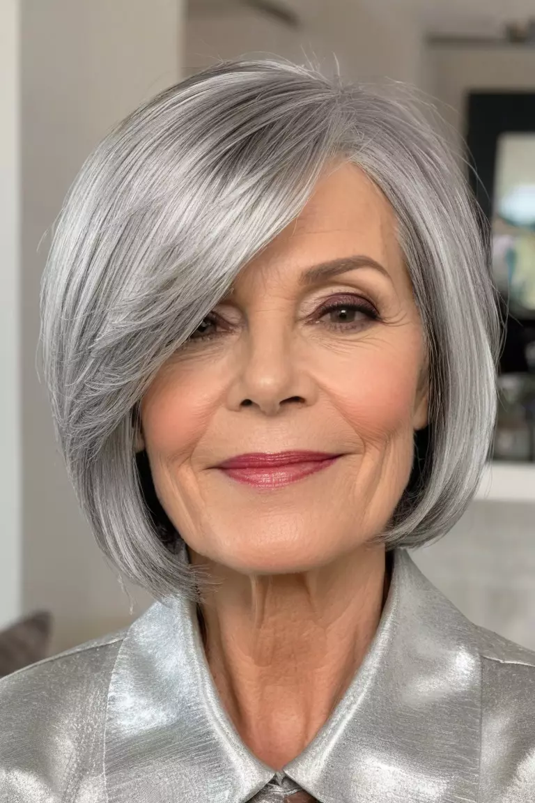 A photo of a 56-year-old Christine, layered silver bob, front view, living room background