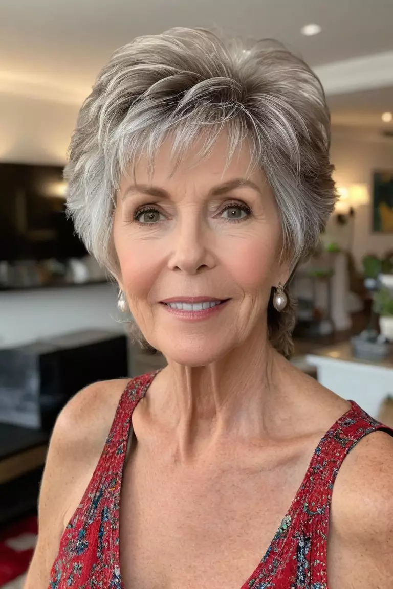 A photo of a 64-year-old Sharon, with a teased pixie shag giving volume on top, Front view, living room background