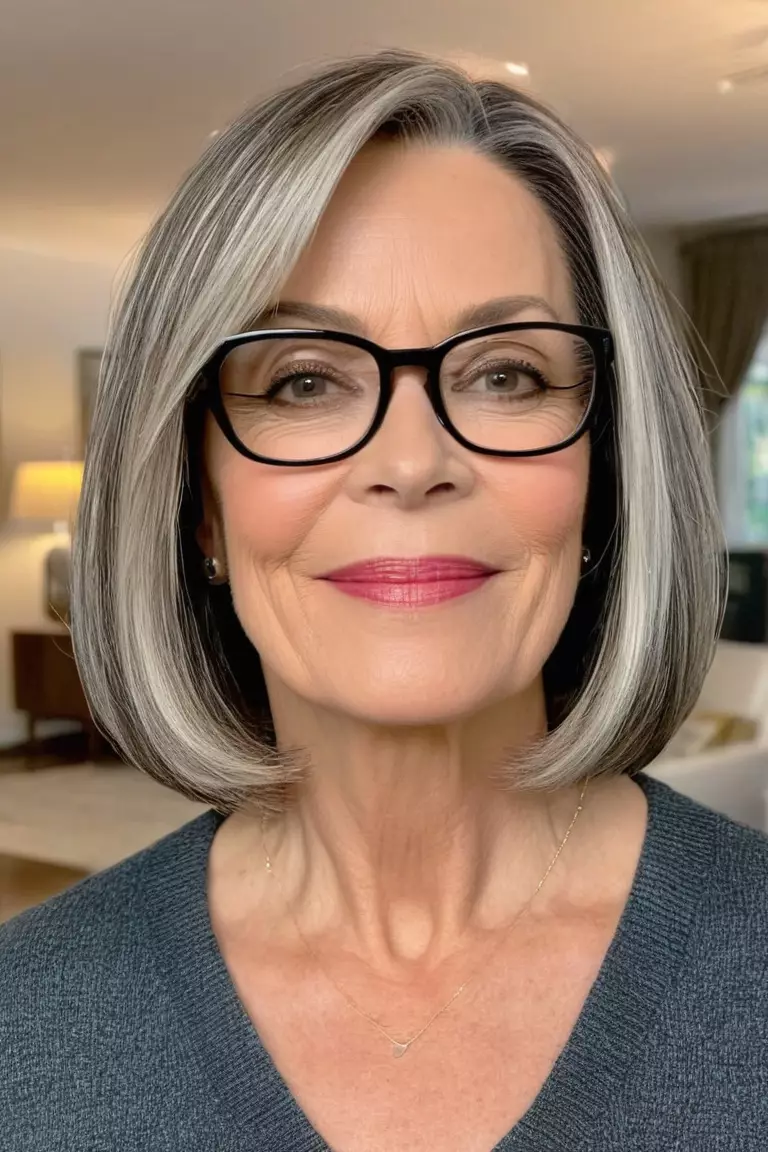 A photo of a 53-year-old Sharon with glasses, Chin-Length Bob, Front view, living room background