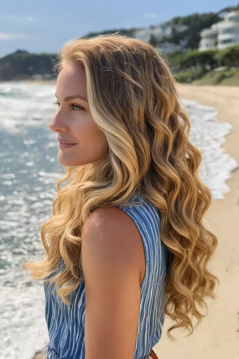 Honey Blonde A photo of a 31-year-old Olivia, Honey Blonde long wavy hair, Side view, summer beach background