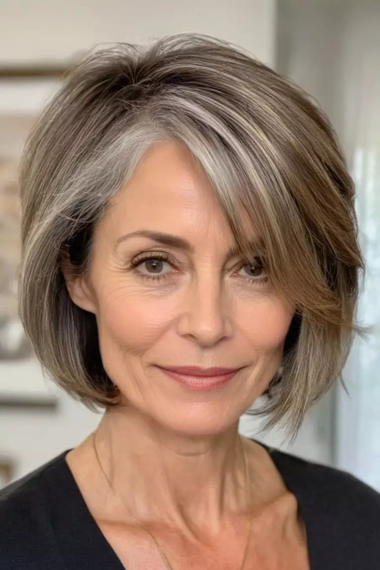 A photo of a 48-year-old Isabella, Wispy Side-Parted Bob, thin hair, Side view, living room background