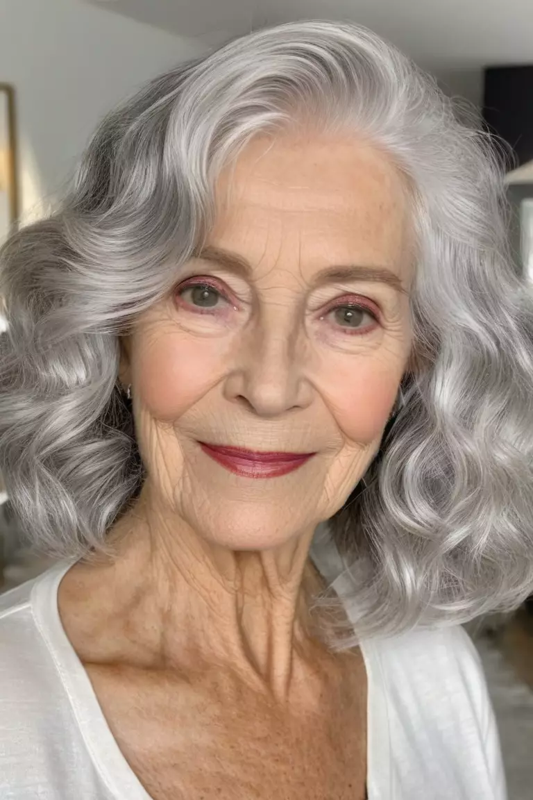 A photo of a 76-year-old Andrea, wavy silver lob, front view, living room background