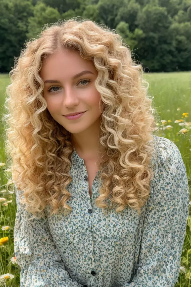 Buttery Blonde A photo of a 26-year-old Abigail, Buttery Blonde bouncy curls, Front view, summer meadow background