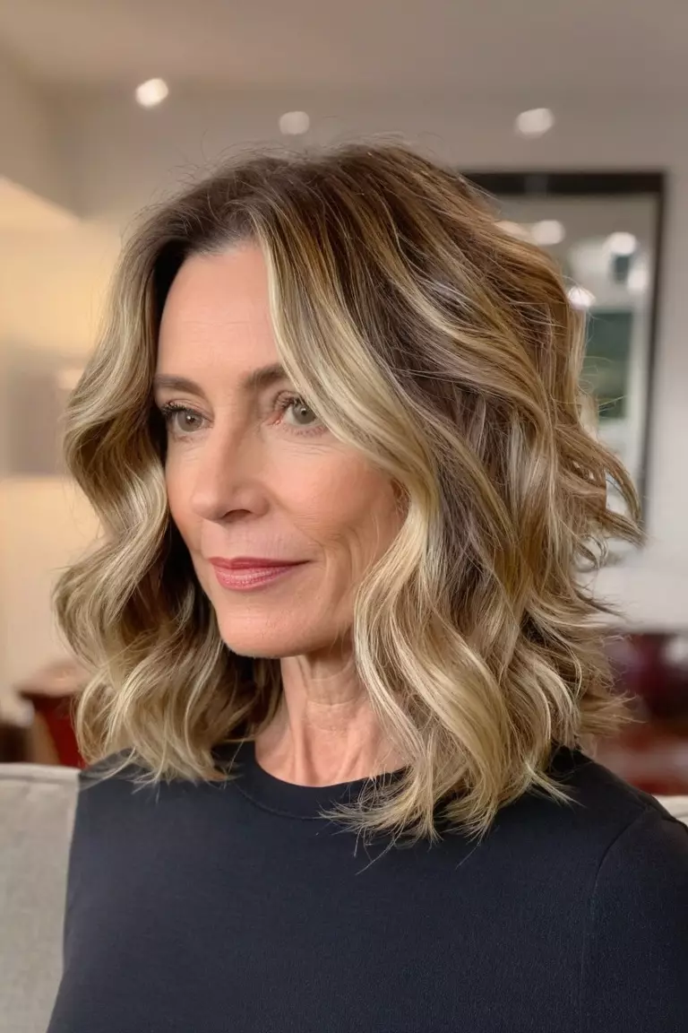 A photo of a 44-year-old Evelyn, Loose Shoulder-Length Waves, thin hair, Front view, living room background