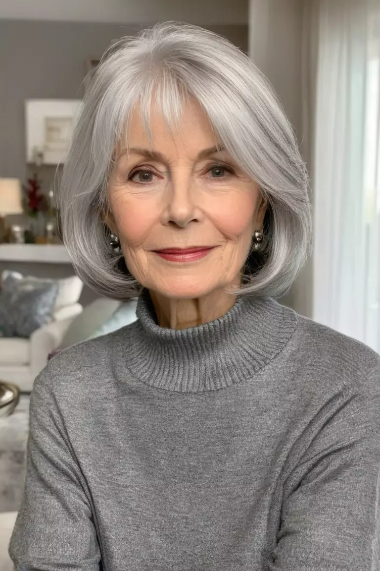 A photo of a 70-year-old Carol, wispy long silver bob, front view, living room background