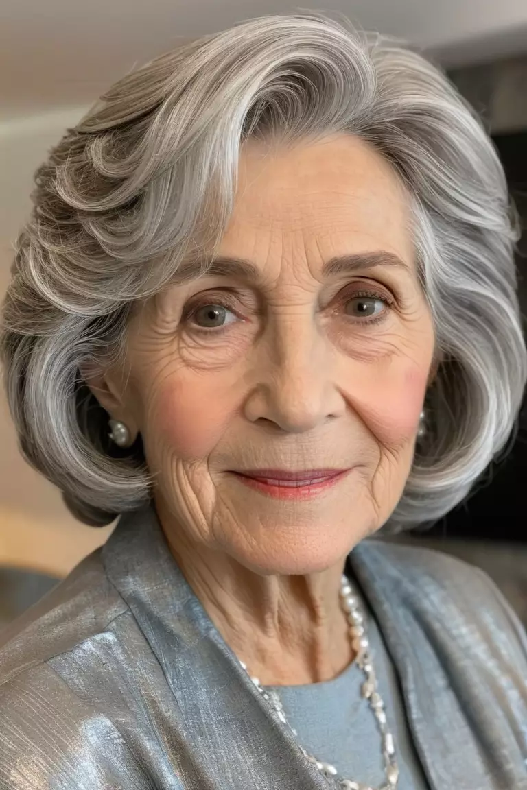 A photo of a 71-year-old Teresa, piecey shoulder-length silver waves, front view, living room background