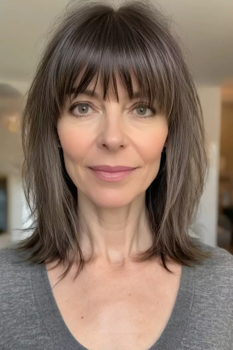 A photo of a 42-year-old Hannah, Cropped Wispy Layers with Bangs, thin hair, Front view, living room background