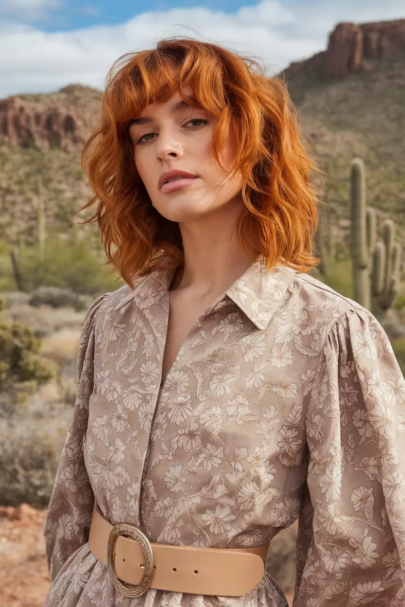 A beautiful woman with a wavy lob Burnt Orange hair, side view, desert landscape background
