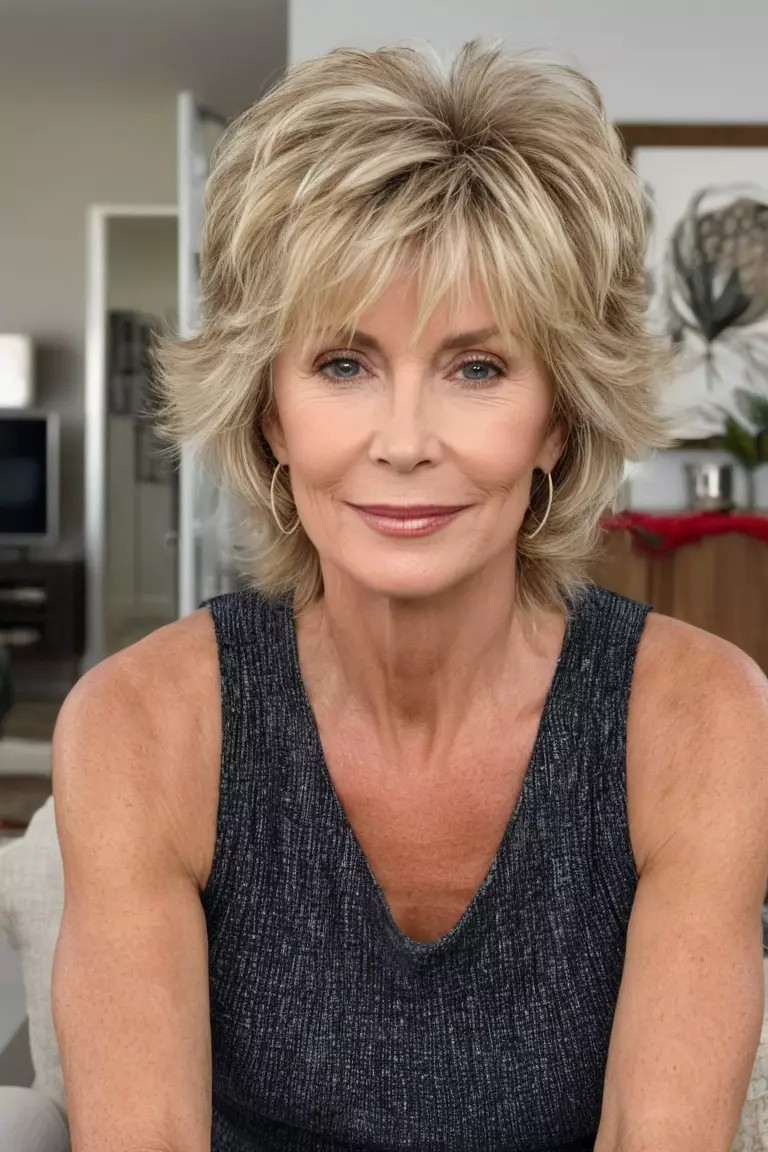 A photo of a 60-year-old Cynthia, with a tousled blonde shag haircut, Front view, living room background