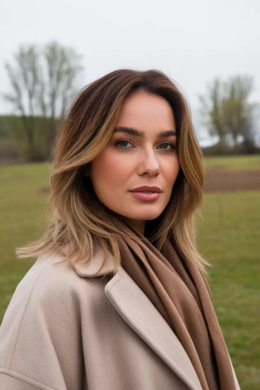 Brown Hair With Face Framing Highlights A beautiful woman with a medium-length brown hair with lighter face-framing highlights, Front view, open field background