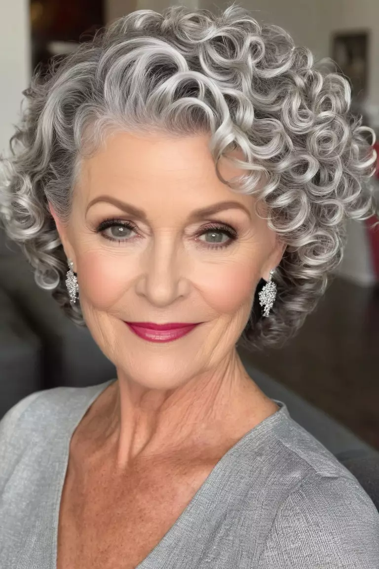A photo of a 56-year-old Addison, with cropped silver curls, Front view, living room background