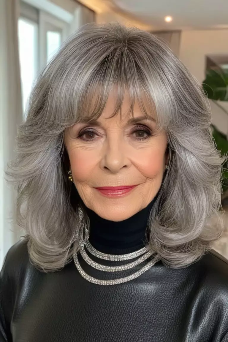 A photo of a 67-year-old Cheryl, with silver waves with curtain bangs hairstyle, Front view, living room background