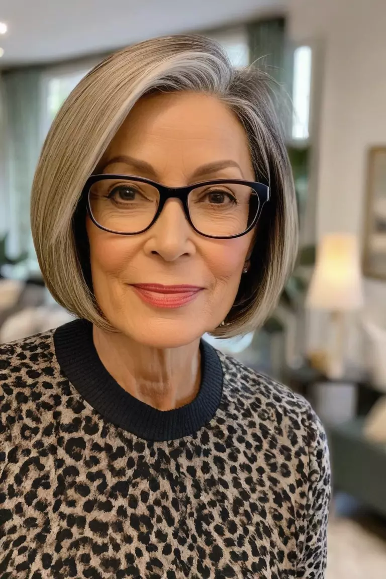Side-Parted Bob A photo of a 50-year-old Brenda with glasses, Side-Parted Bob, Front view, living room background
