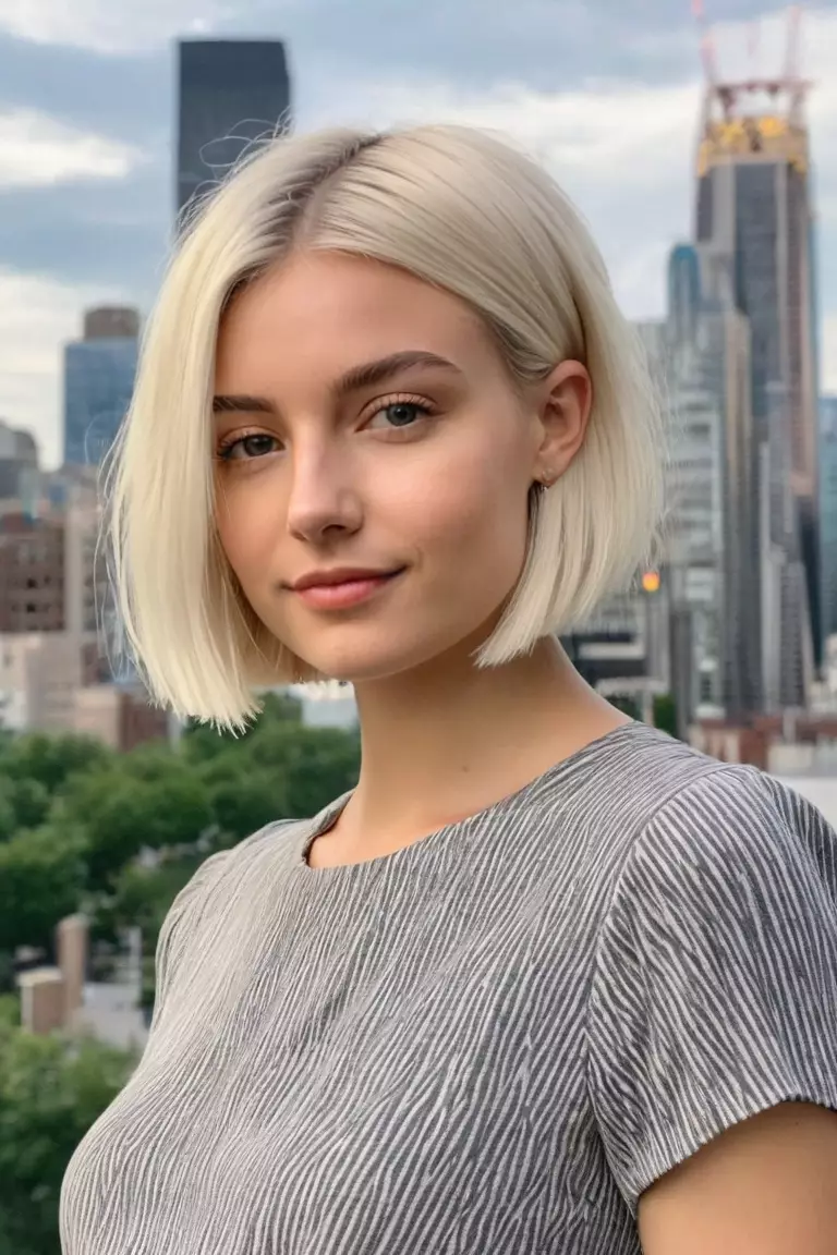 A photo of a 24-year-old Chloe, Platinum Blonde short bob, Front view, summer cityscape background