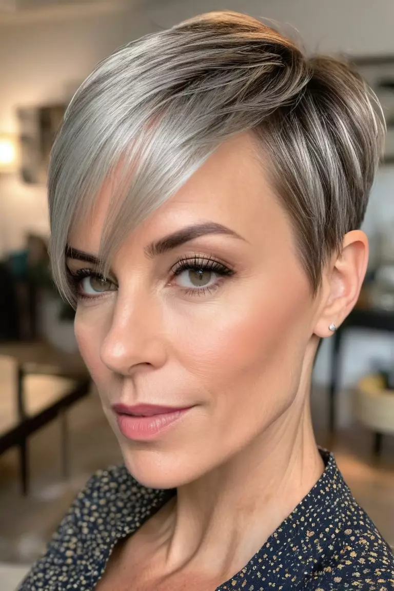 A photo of a 41-year-old Emily, Rounded Tapered Pixie, thin hair, Side view, living room background