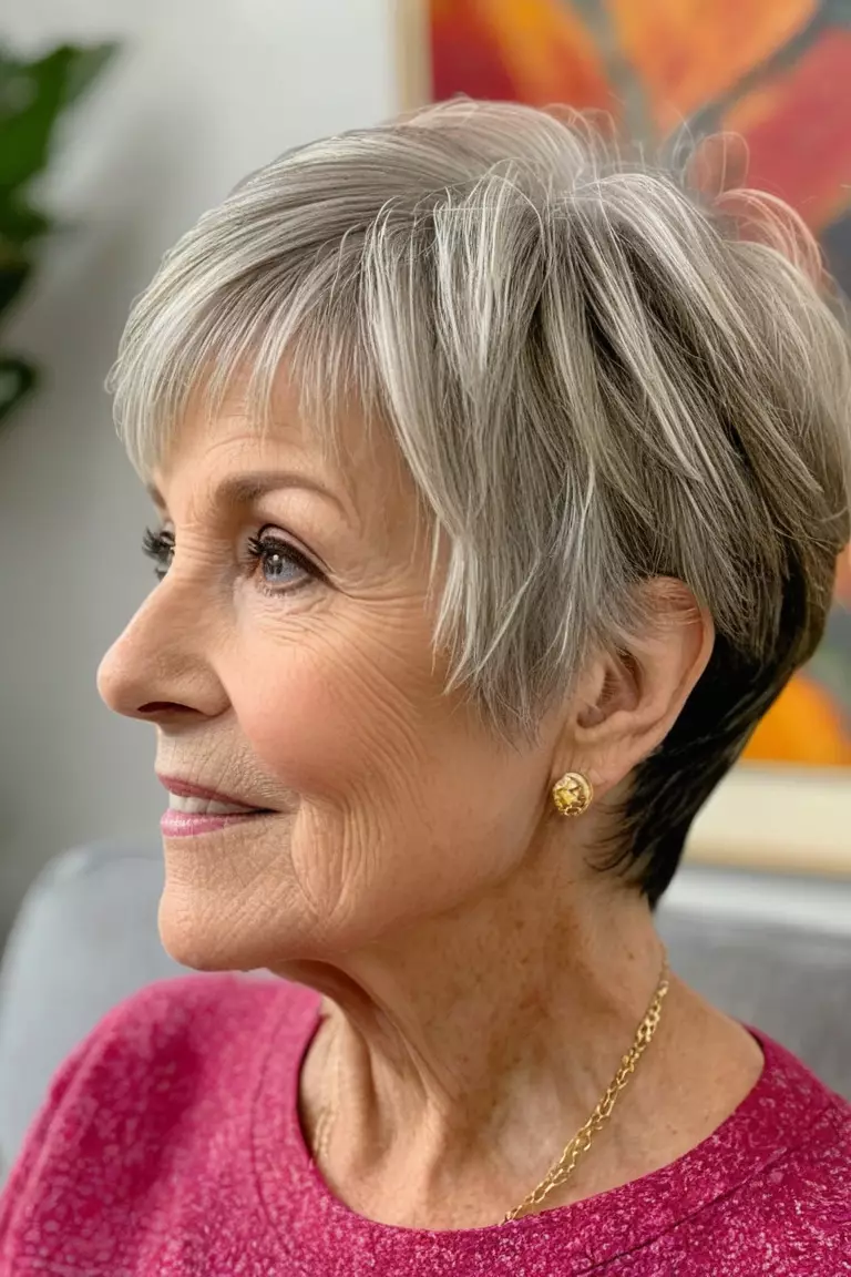 A photo of a 77-year-old Amanda, Layered Pixie Bob, Side view, living room background