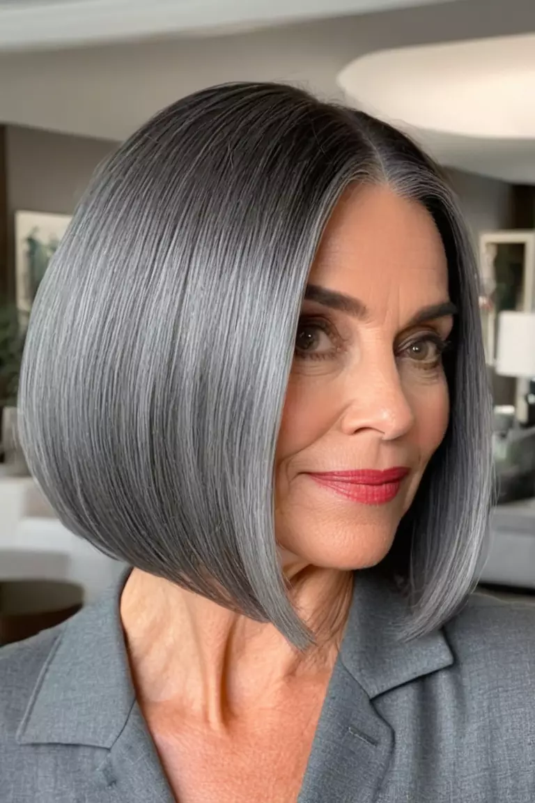 A photo of a 51-year-old Audrey, with a sleek dark gray lob, Front view, living room background