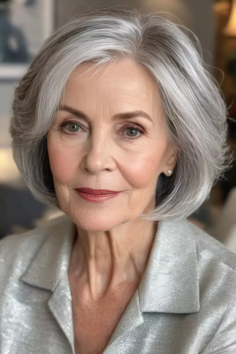 A photo of a 66-year-old Catherine, with a textured silver lob hairstyle, Front view, living room background