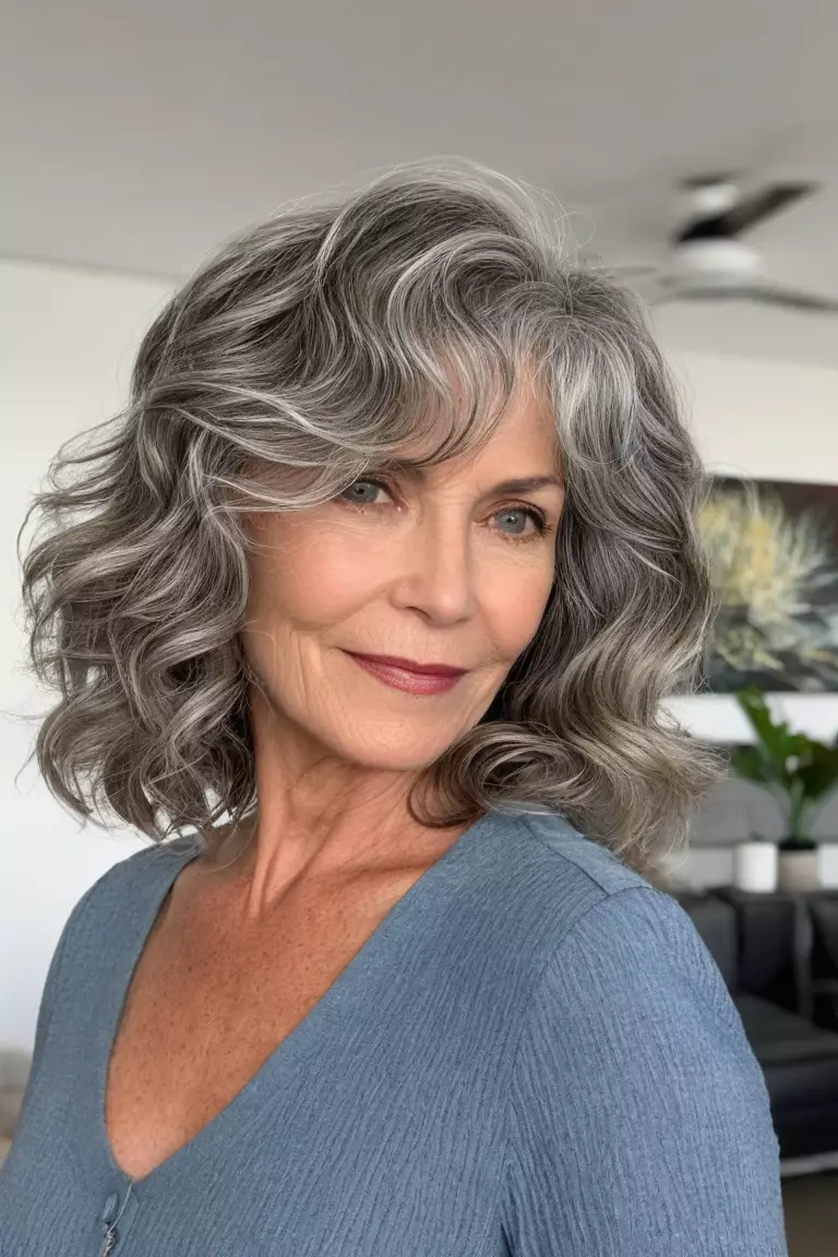 A photo of a 55-year-old Luna, with cropped layered waves, Front view, living room background