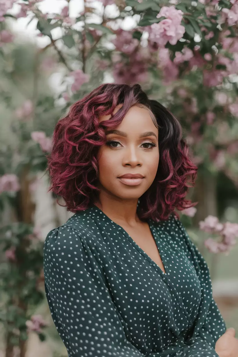 Violet Red Curls A beautiful black woman with medium-length violet red curls, front view, flowering garden background