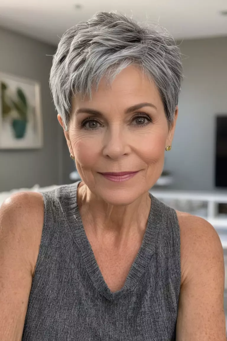 A photo of a 53-year-old Zoey, with a cropped textured gray pixie, Front view, living room background