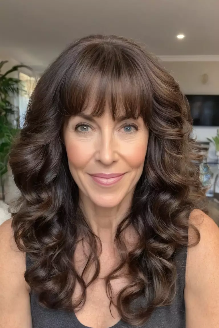 A photo of a 46-year-old Michelle, with long curls and bangs, Front view, living room background