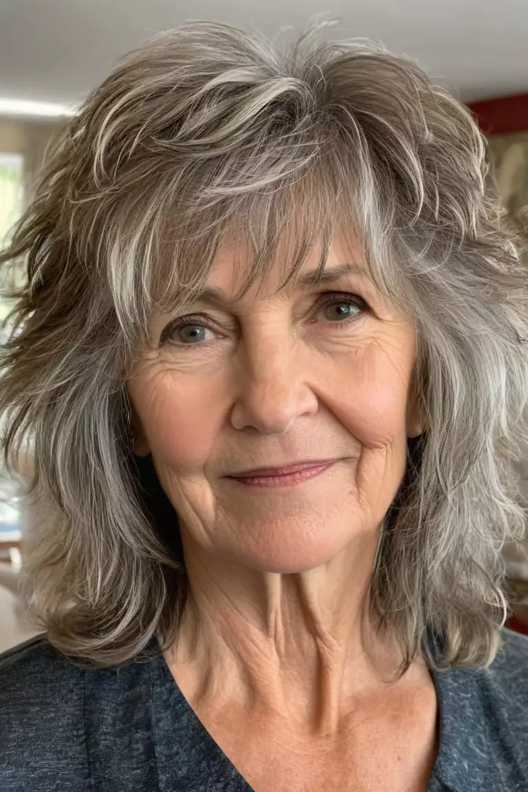 A photo of a 63-year-old Margaret, displaying choppy shaggy layers throughout her hair, Front view, living room background