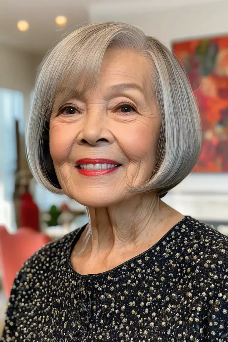 Chin-Length Bob A photo of a 75-year-old Betty, chin-length bob hairstyle, front view, living room background.