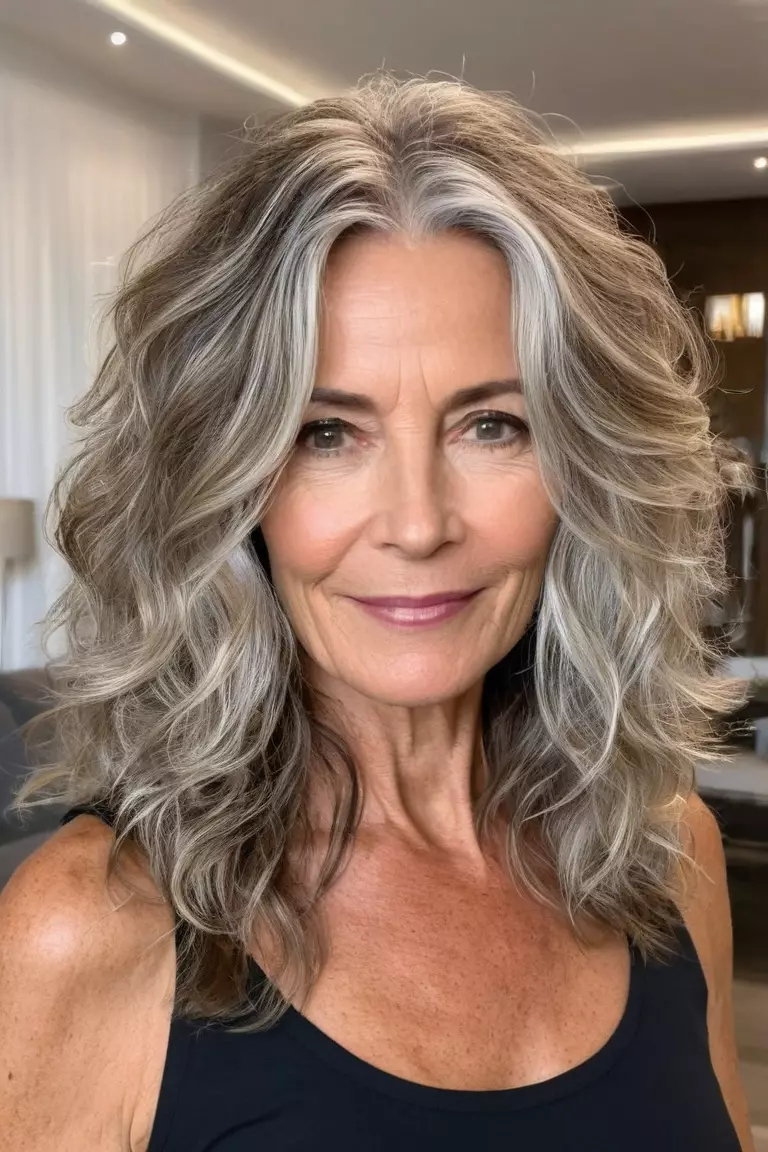 A photo of a 55-year-old Sandra, Tousled Highlighted Waves, fine hair, Front view, living room background