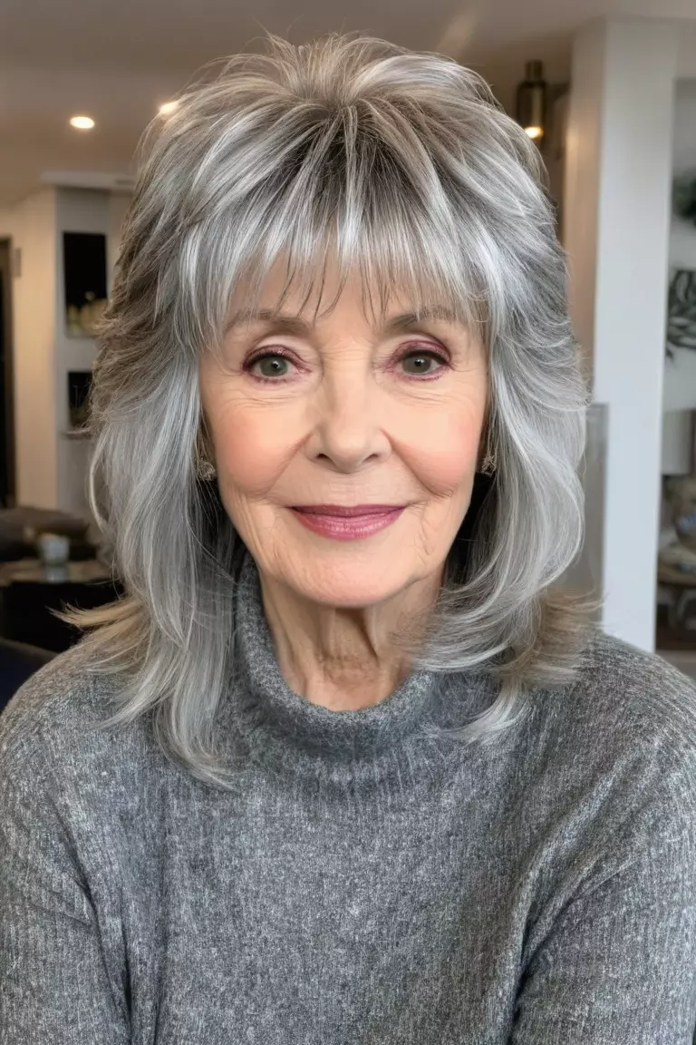 A photo of a 68-year-old Sharon, with choppy silver layers with wispy bangs hairstyle, Front view, living room background