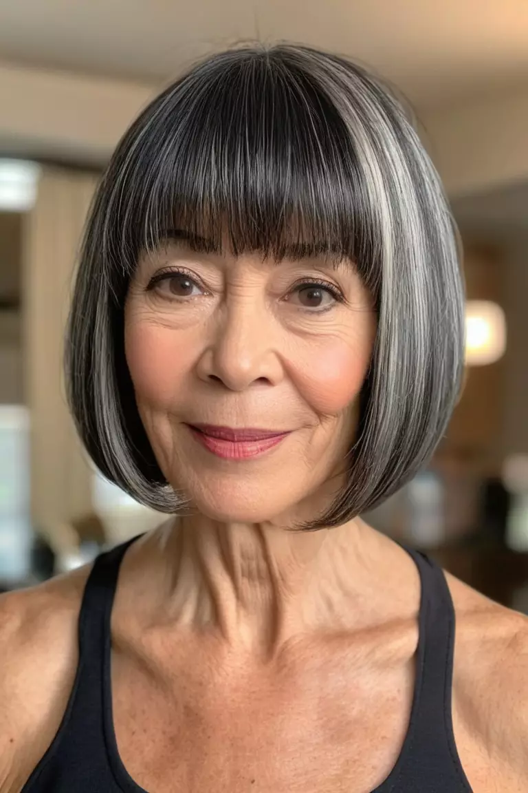 A photo of a 59-year-old Brenda, Chin Length Angled Bob with Full Bangs, fine hair, Front view, living room background