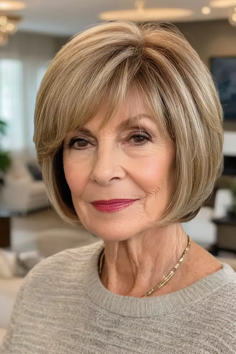 Layered Bob with Side-Swept Bangs A photo of a 73-year-old Donna, layered bob with side-swept bangs hairstyle, side view, living room background.