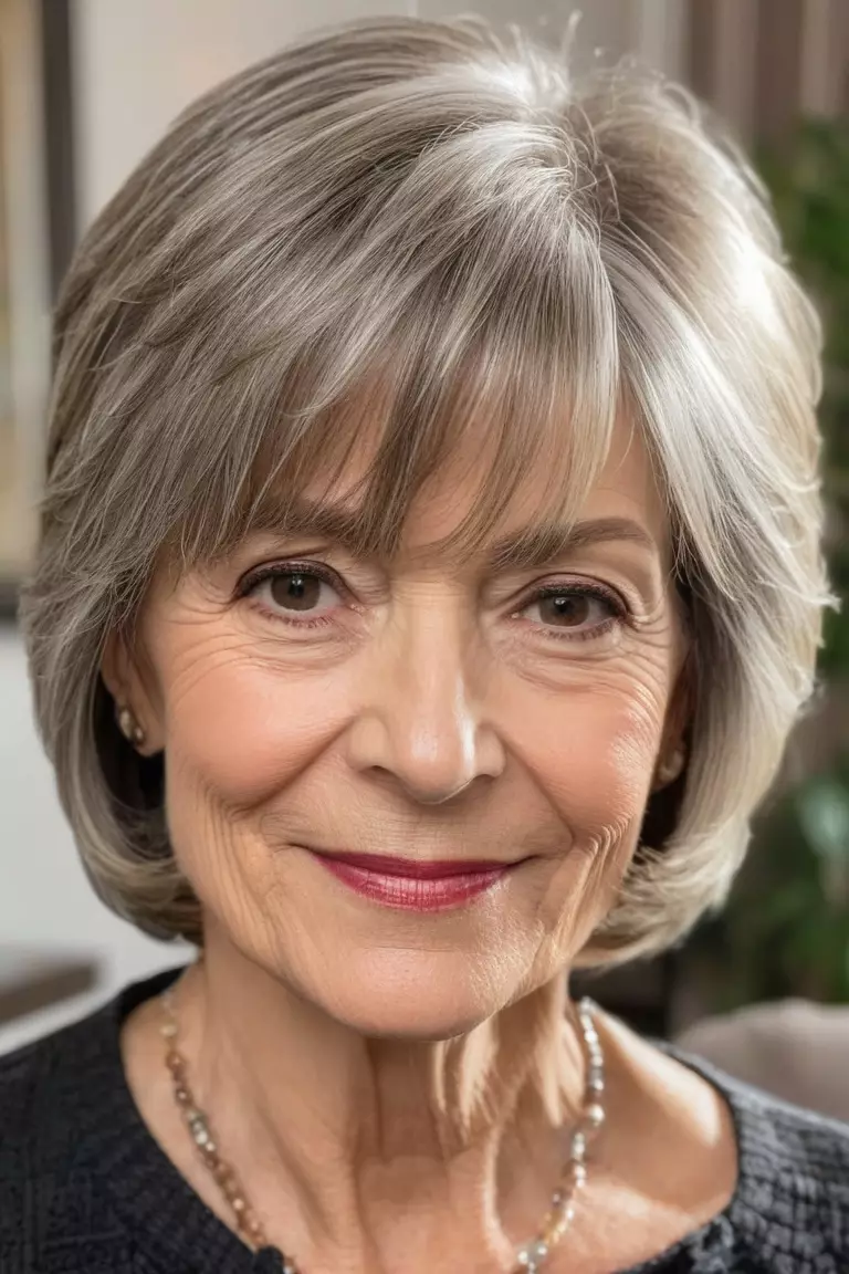 Wispy Bob with Side-Swept Bangs A photo of a 64-year-old Brenda, fine hair, Wispy Bob with Side-Swept Bangs, Side view, living room background