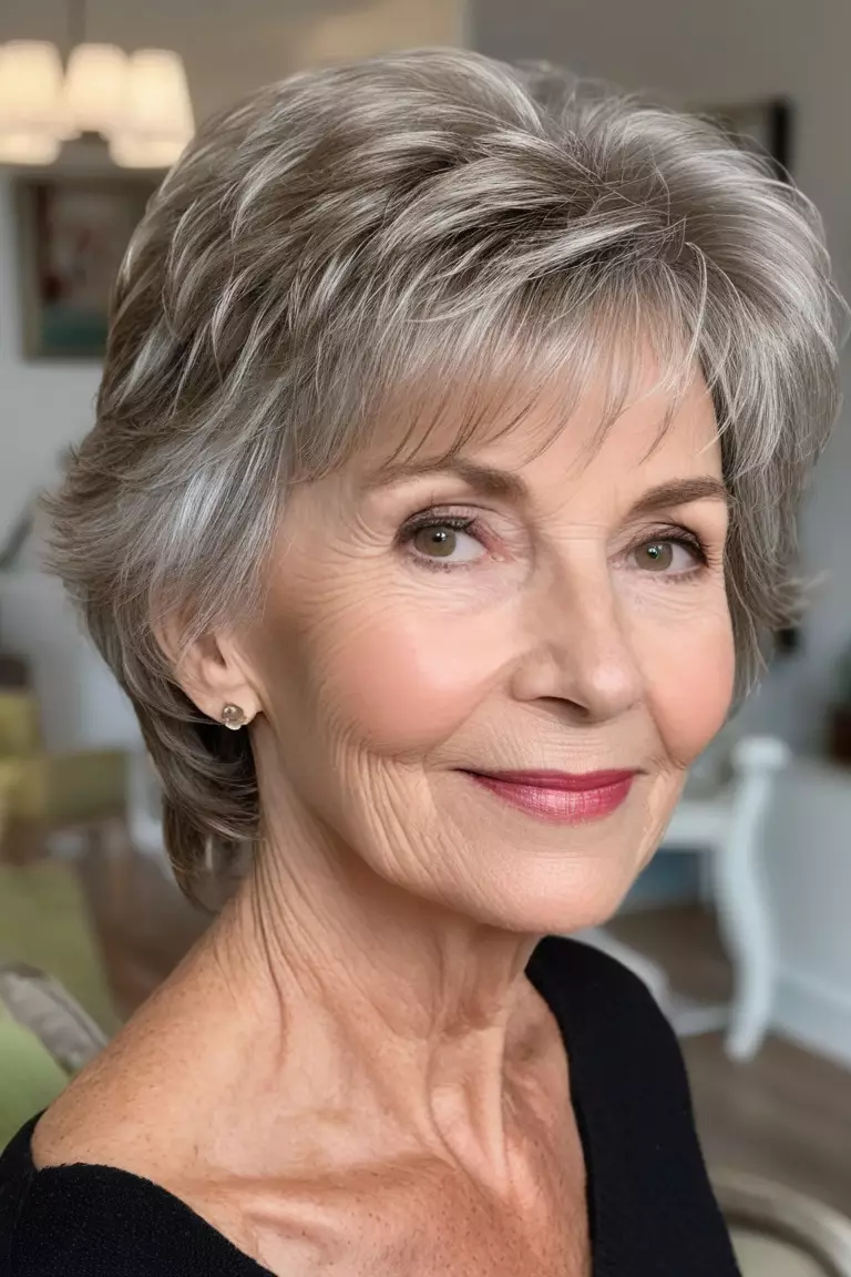A photo of a 65-year-old Catherine, presenting a short shag with soft, wispy ends, Front view, living room background