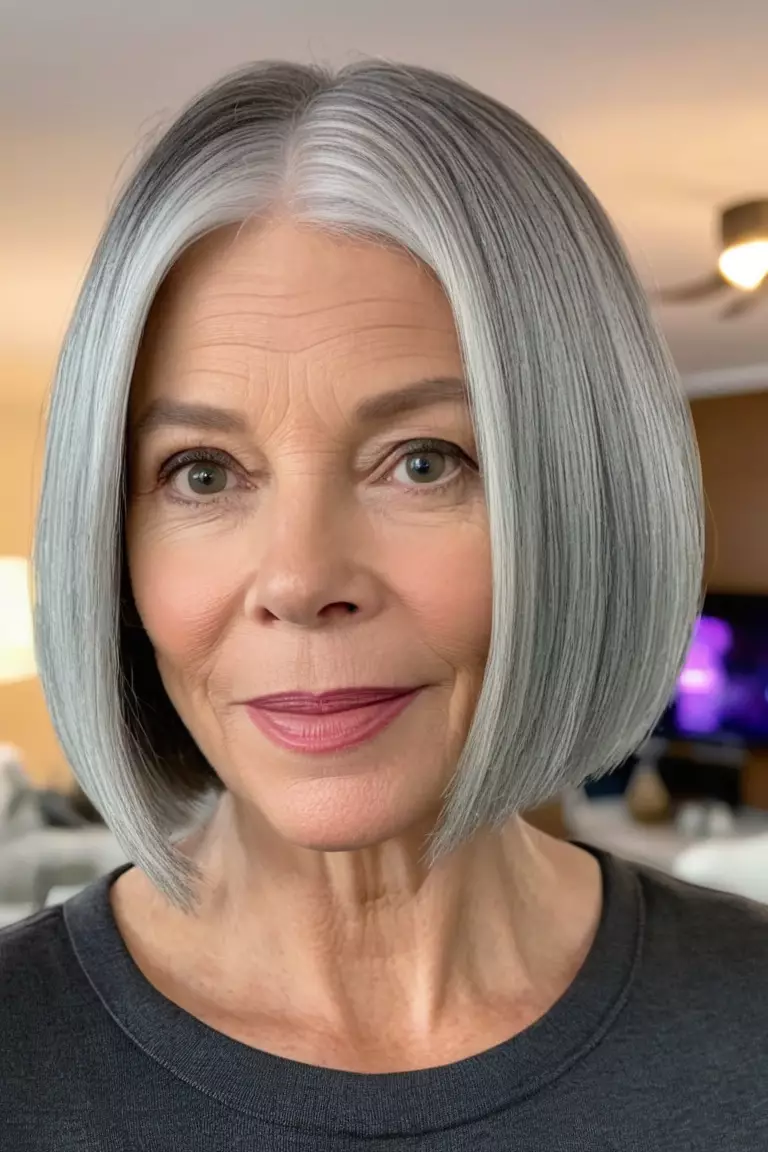 A photo of a 51-year-old Aurora, with a straight gray bob, Front view, living room background