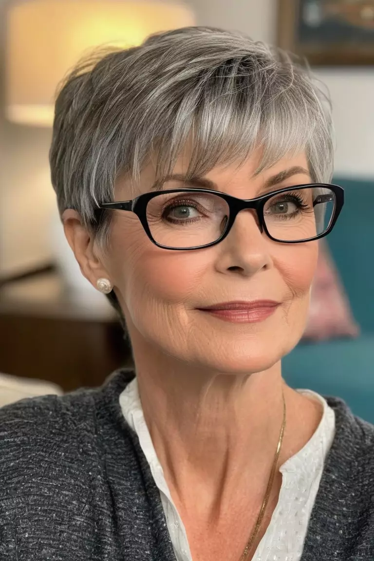Straight Pixie with Side Bangs A photo of a 58-year-old Susan with glasses, Straight Pixie with Side Bangs, Side view, living room background