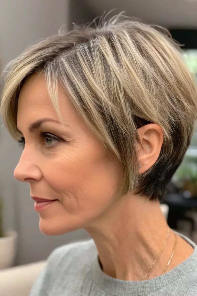 A photo of a 46-year-old Grace, Pixie Bob, thin hair, Side view, living room background