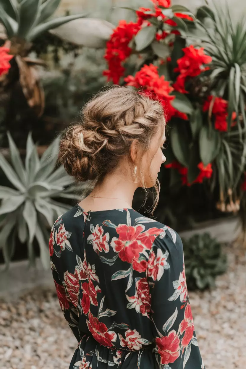A beautiful woman with a Knotted Updo, back view, botanical garden background