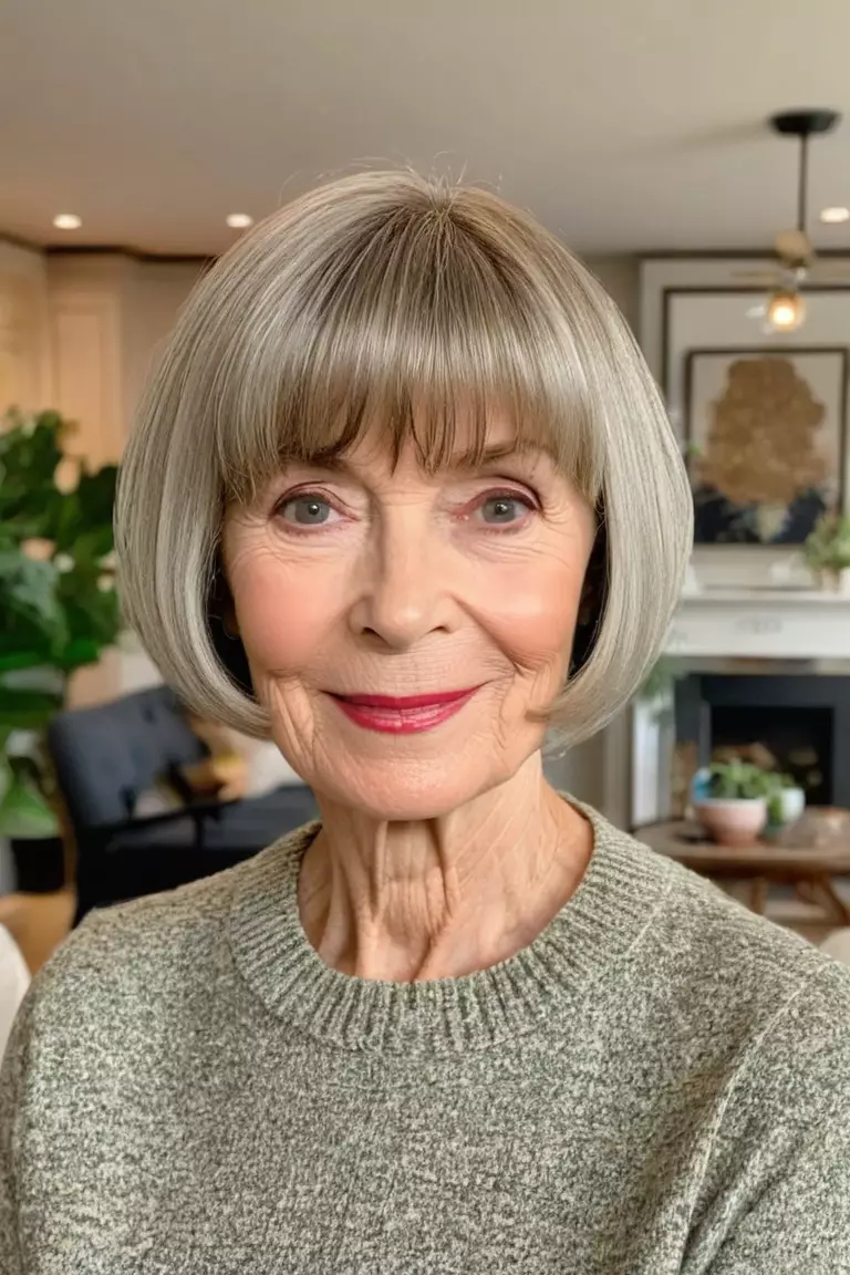 A photo of a 72-year-old Emily, Short Bob With Bangs, Front view, living room background