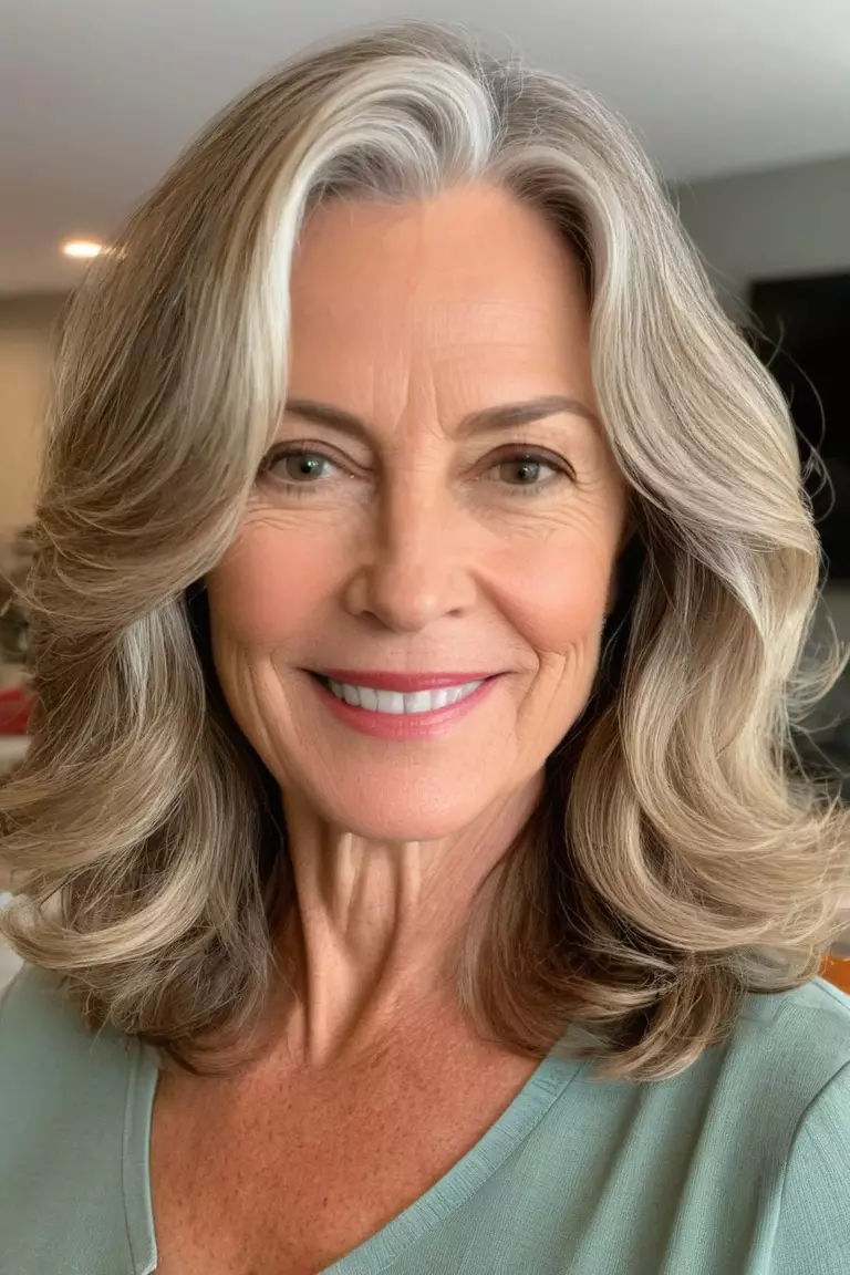 A photo of a 57-year-old Angela, Shoulder-Length Waves, fine hair, Front view, living room background