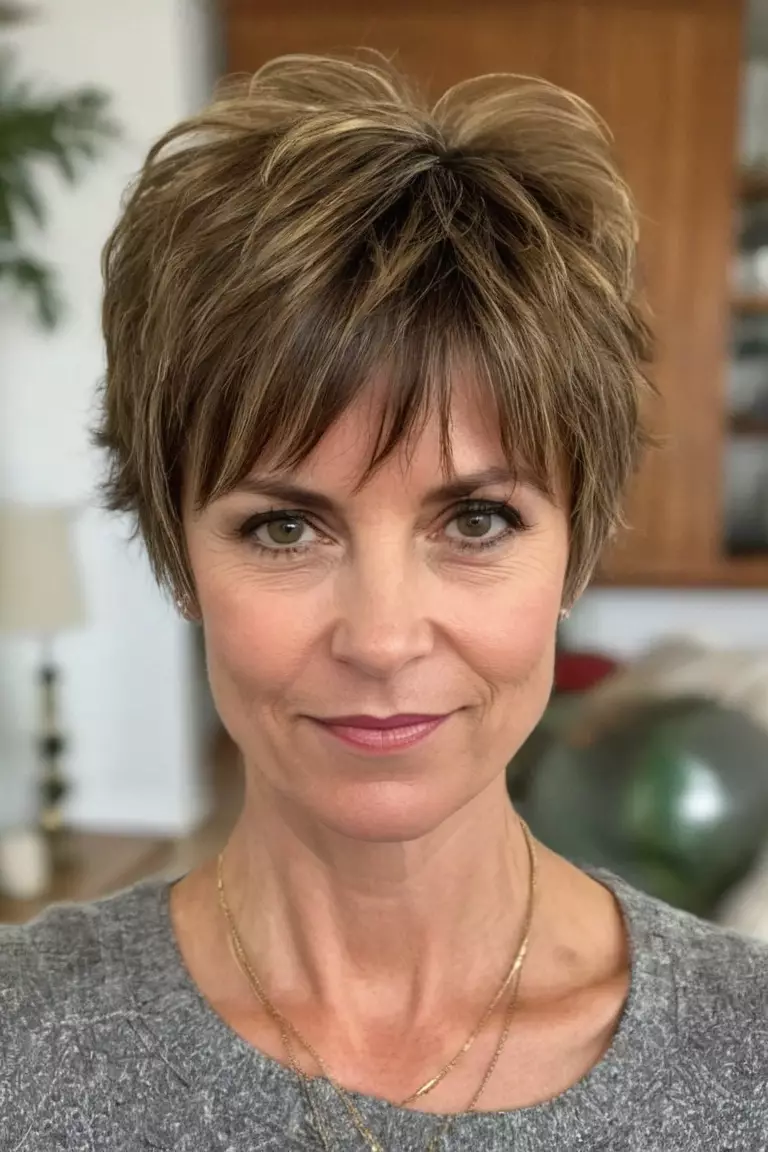 A photo of a 41-year-old Elizabeth, Shaggy Layered Pixie with Piecey Bangs, thin hair, Front view, living room background