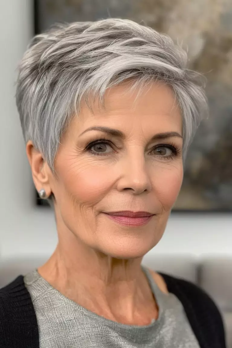 A photo of a 62-year-old Donna, with an asymmetrical gray pixie hairstyle, Side view, living room background