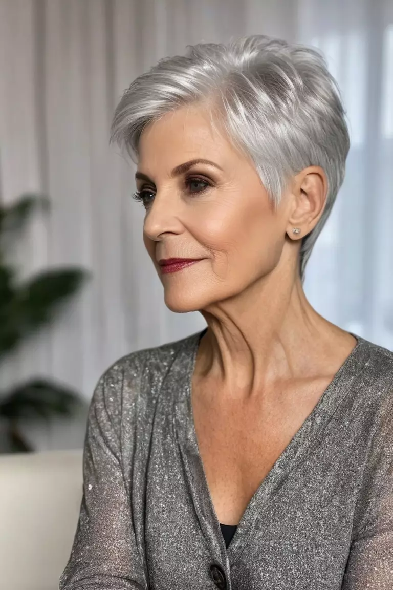 A photo of a 65-year-old Patricia, with a layered silver pixie hairstyle, Side view, living room background