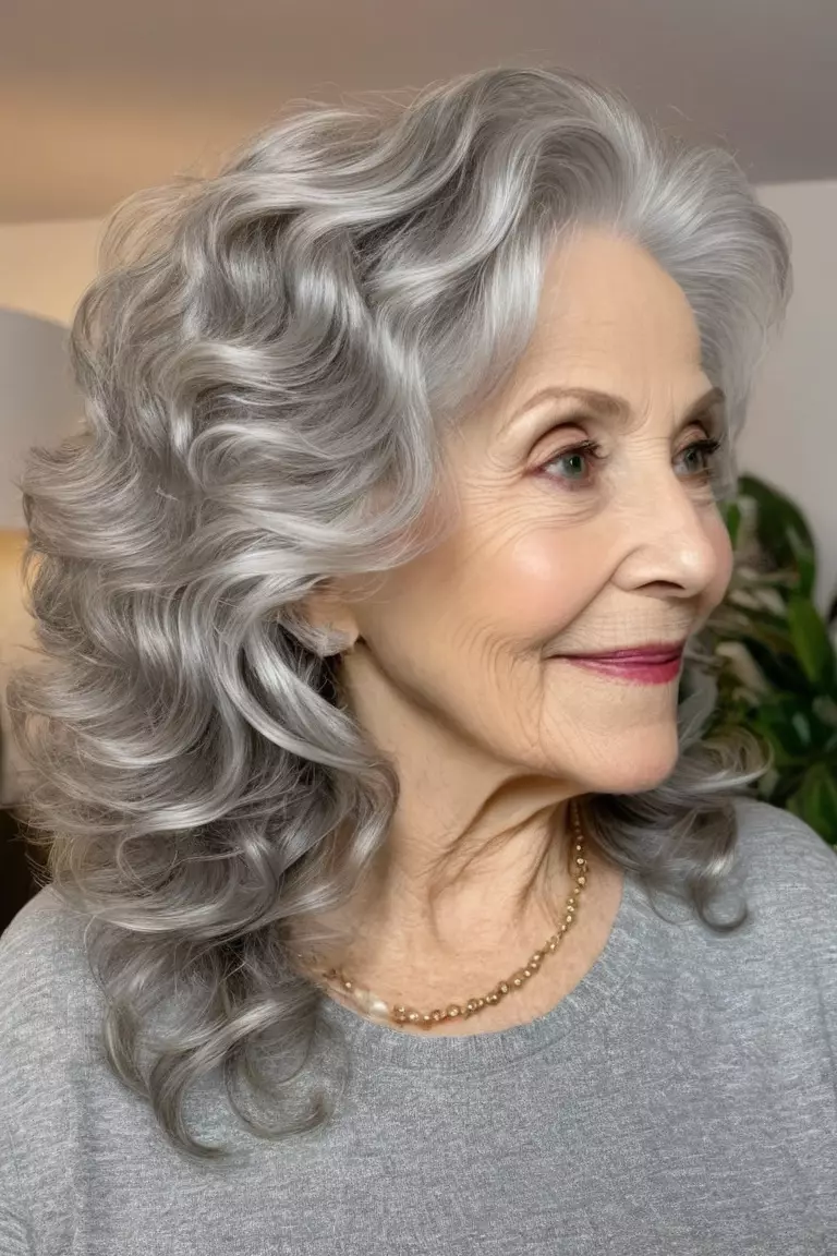 A photo of a 78-year-old Melissa, high volume silver wavy layers, front view, living room background